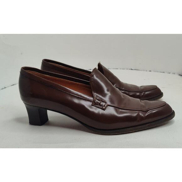 Ralph Lauren Shoes - Ralph Lauren 2 inch Heeled Leather Slip On Loafer Shoes Shiny Brown Size 8